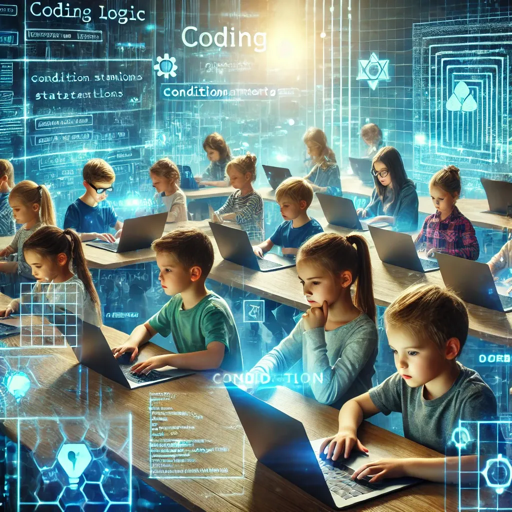 kids coding on laptops in a modern, tech-enhanced learning environment