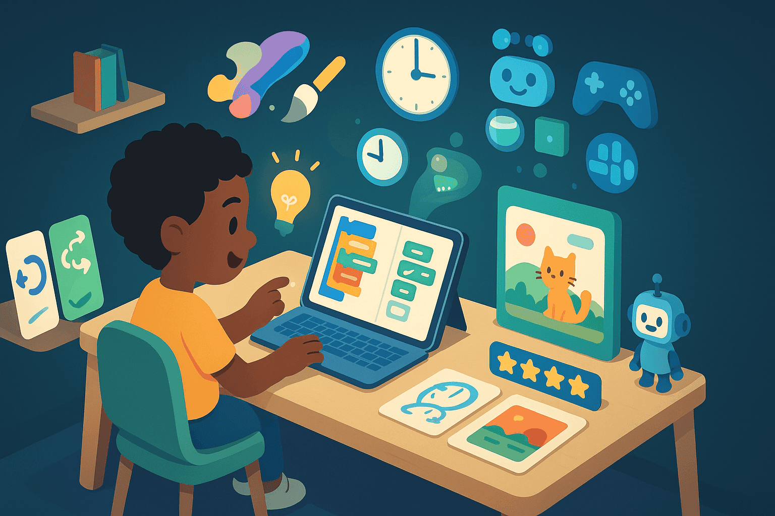 Elementary student coding a visual animation with block programming on tablet, showing creativity and coding fun in early grades