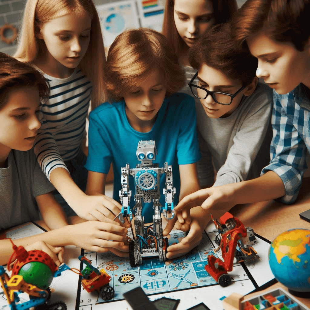 kids playing with small robot like structures