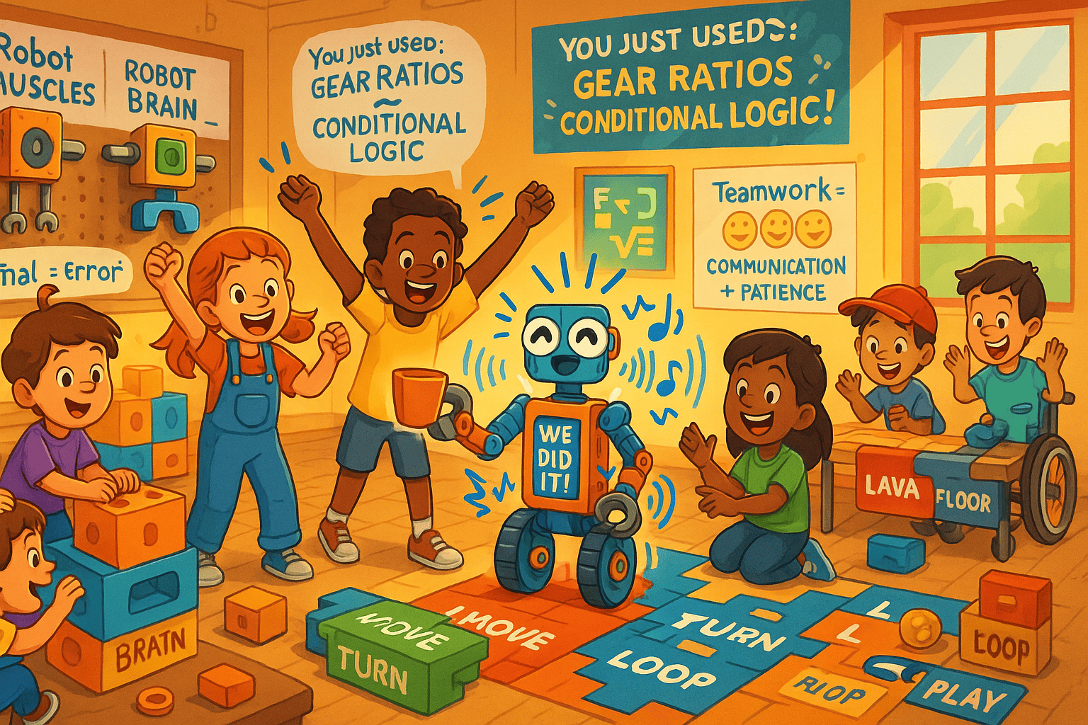 Students celebrating robotics project success using programmable robots and teamwork skills