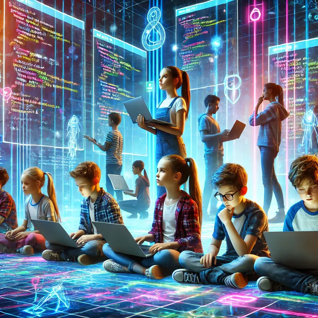 A group of children engaged in coding, debugging programs on laptops and tablets.