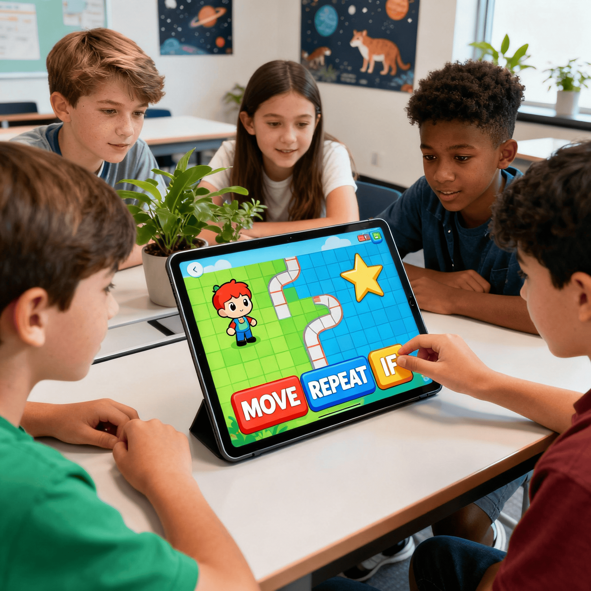 Students learn coding skills on laptop and tablet. Blocks and Python examples. Problem solving focused