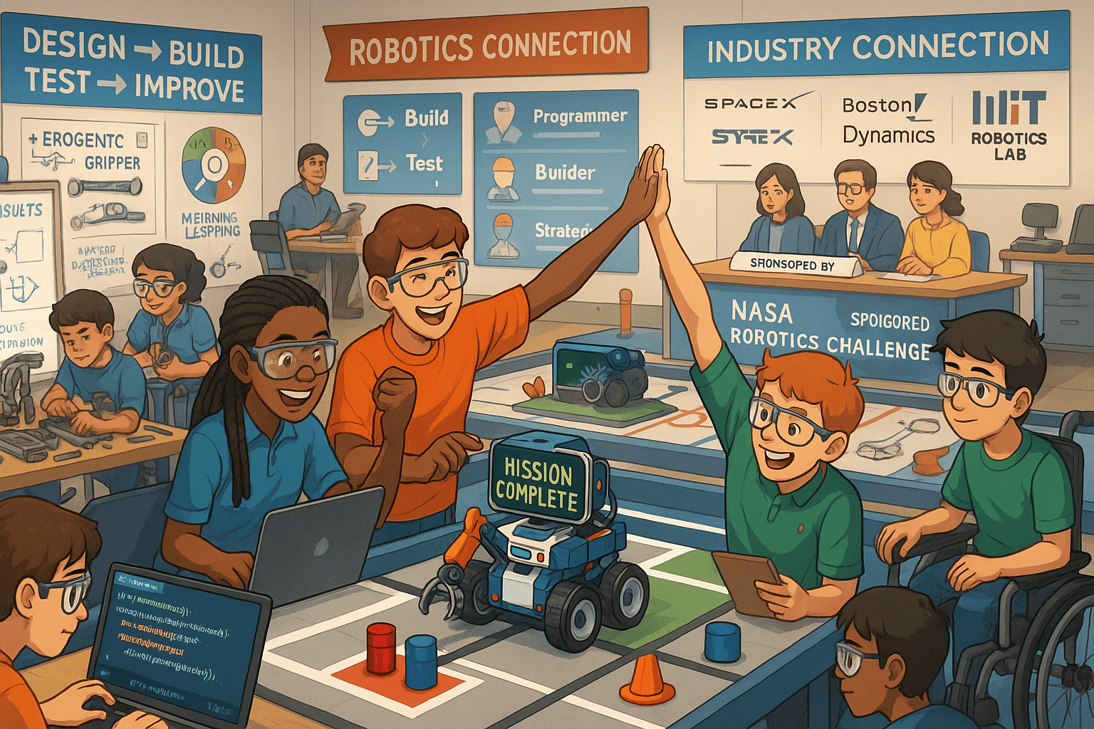 Students complete a robotics challenge using teamwork, coding, and engineering