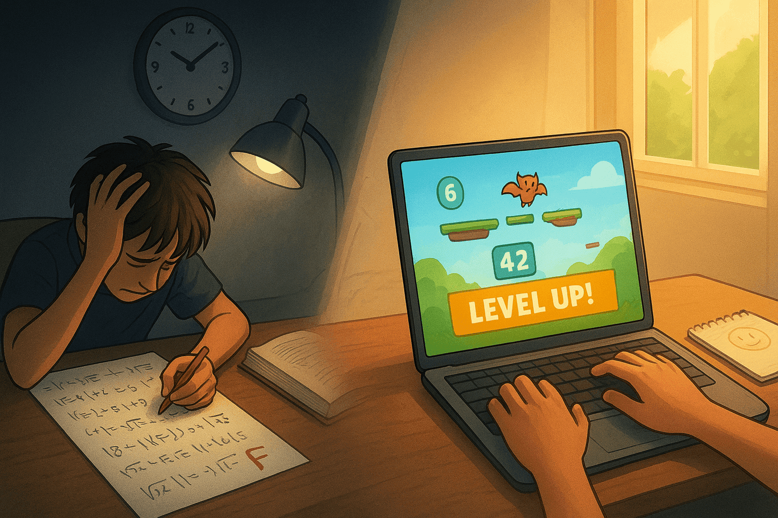 Child shifts from boring homework to engaging online math practice with fun games that improve grades