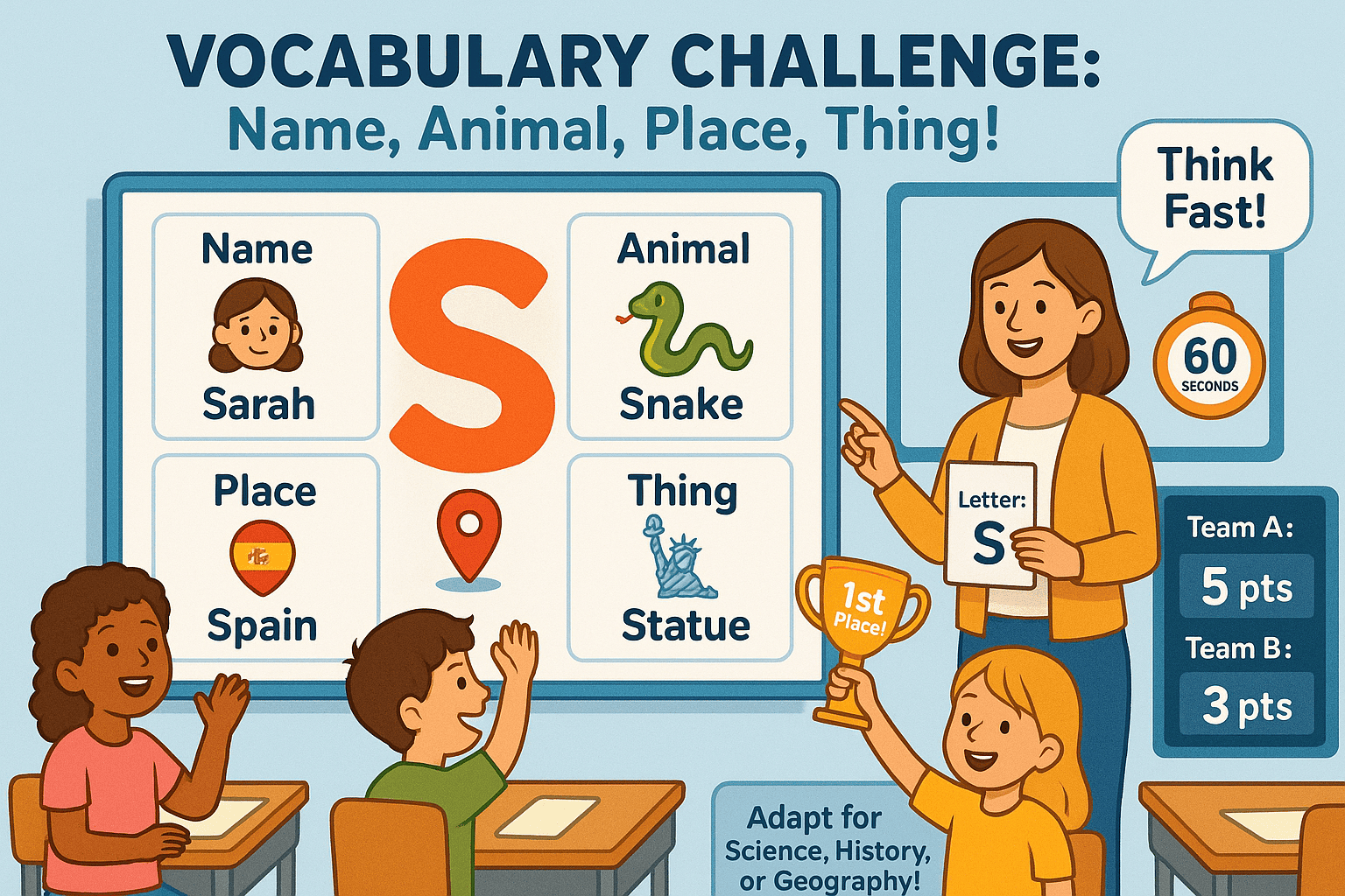 Colorful classroom Tic Tac Toe board with math, science, and history quiz questions for student review