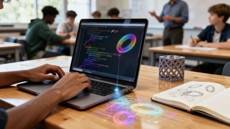 Students create generative art with p5 js code and holographic projection in classroom