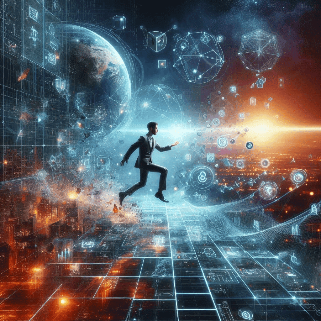 a man flying in a imaginary world