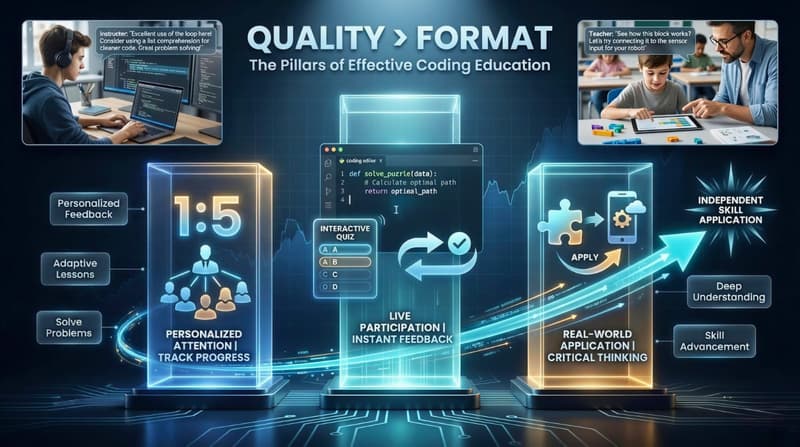 Coding pillars are critical thinking skills, instant feedback, problem solving