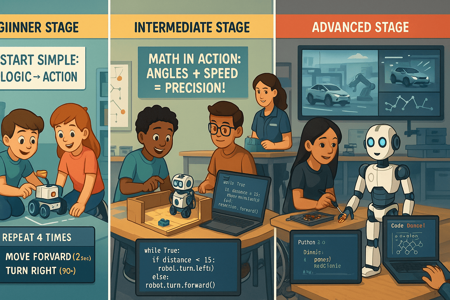 Kids learn robotics through stages: basic logic, coding, and advanced robot control