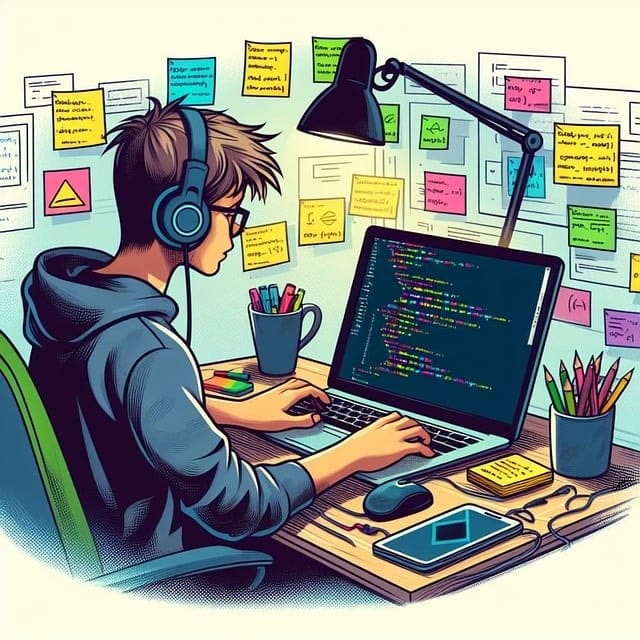 ai generated student doing coding in his laptop under the lamp