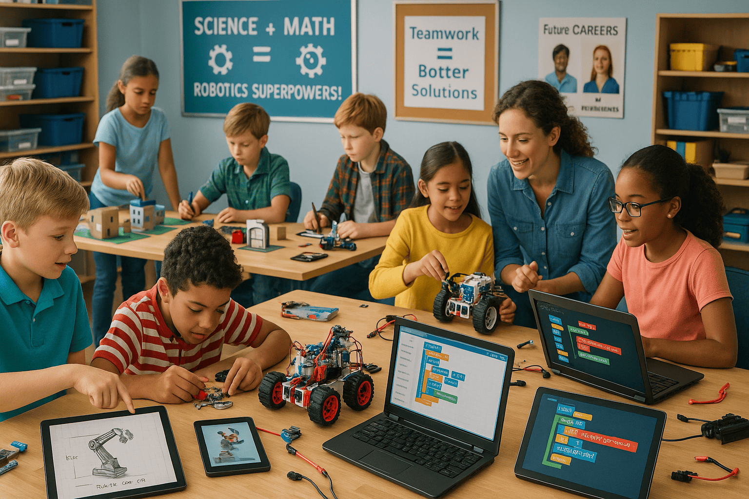 Robotics classes teaching computer programming and engineering to young students with robots