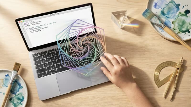 Laptop coding Python turtle graphics, drawing geometric patterns with turtle forward on wooden desk