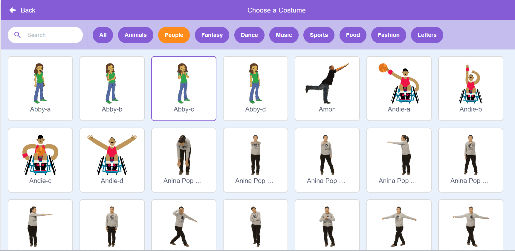 different characters in scratch library