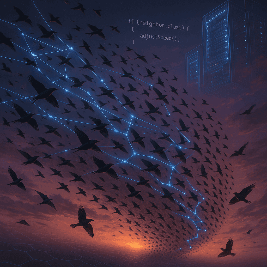 a group of birds flying together in the sky that shows parallel processing