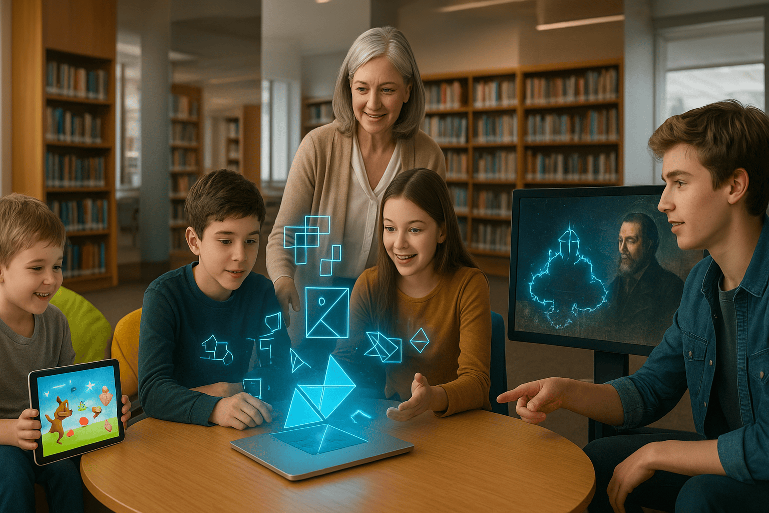 Children and a teacher use learning guides with films to teach math, exploring geometry, art, and knowledge