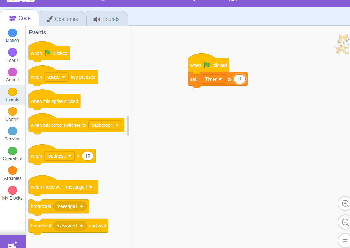 Start block and Set timer block are attached in the work space