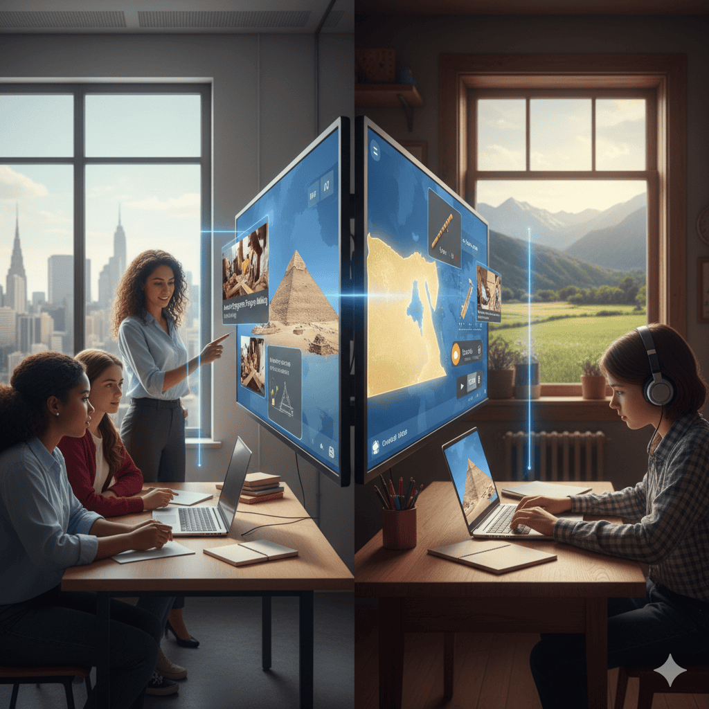 An educator and students use technology in a classroom to explore various global disciplines and topics together