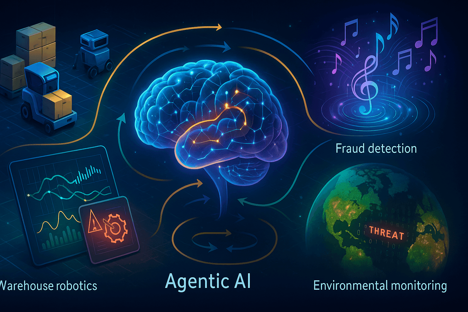Real world applications of Agentic AI lik faud detection, warehouse robotics