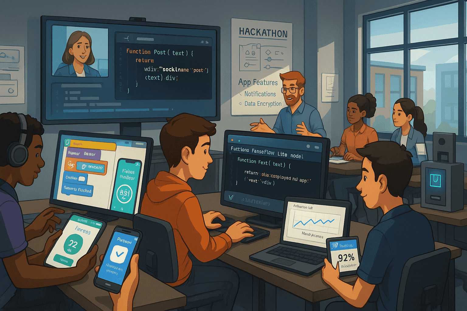 Teenagers collaborating in a high school hackathon classroom, writing Python and JavaScript code with project dashboards and technical skills development