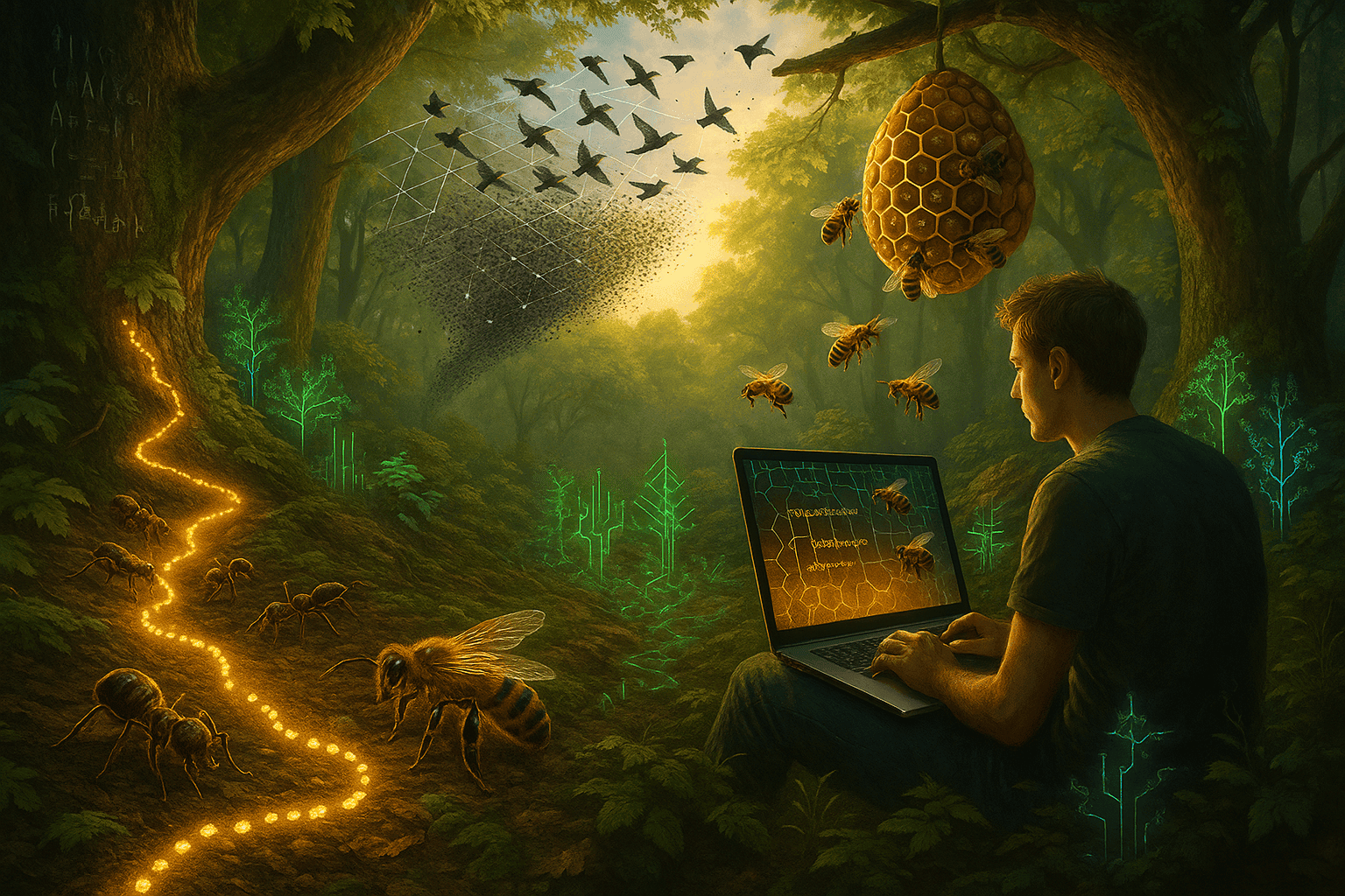 bees in hive and a man working on his laptop