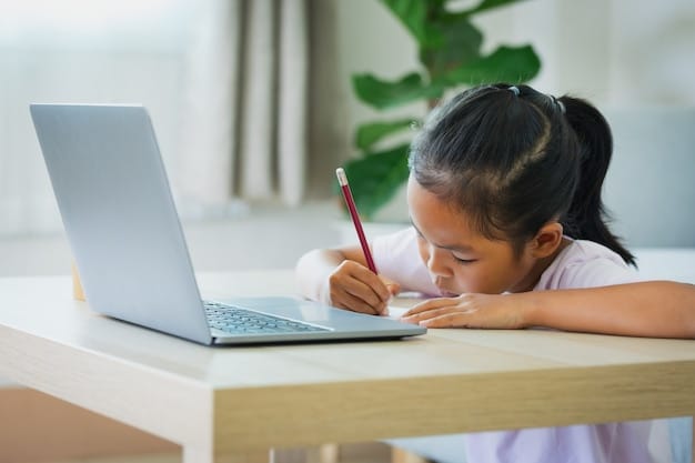 Photo asian child girl student study online with teacher by video call. child is homeschooling with computer laptop during quarantine due to covid 19 pandemic.