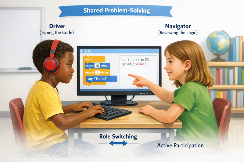 Two children practicing pair programming at one computer, with one acting as the driver and the other as the navigator.
