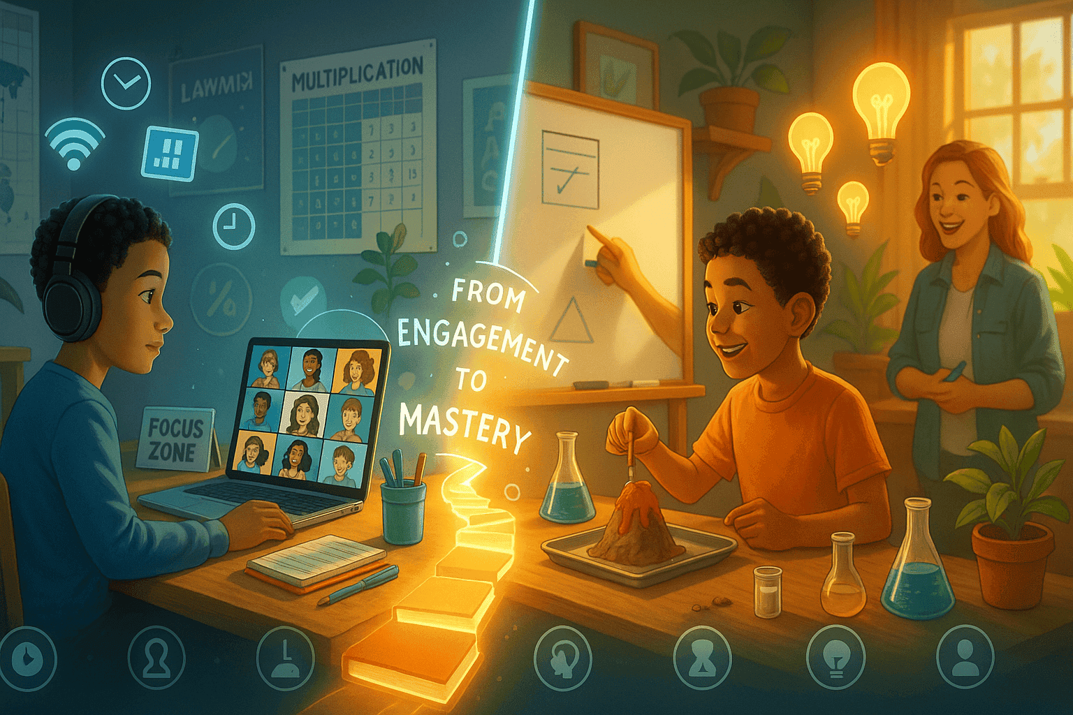 student engaging in online class and other student experimenting in chemistry lab