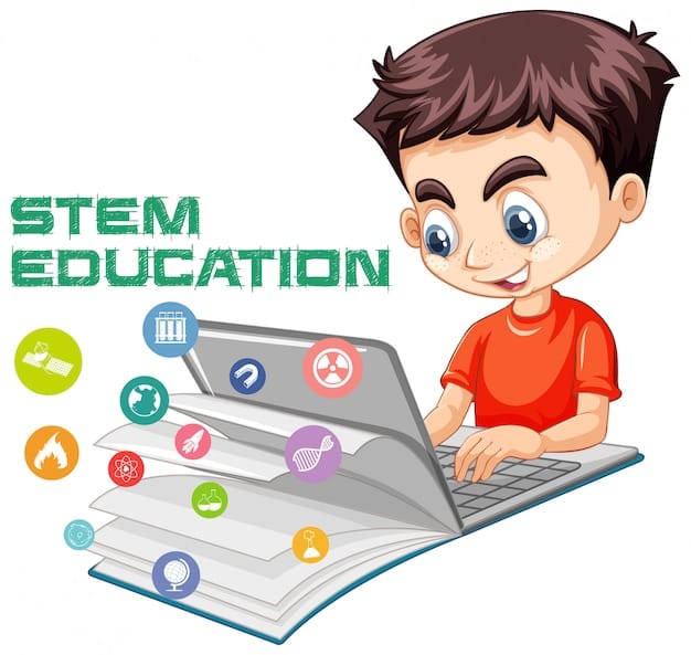 Free Vector boy searching on laptop with stem education logo cartoon style isolated on white background