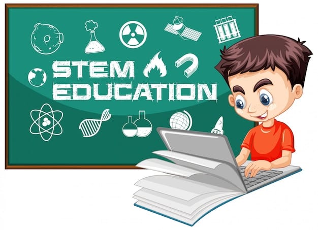Free Vector boy searching on laptop with stem education logo cartoon style isolated on white background