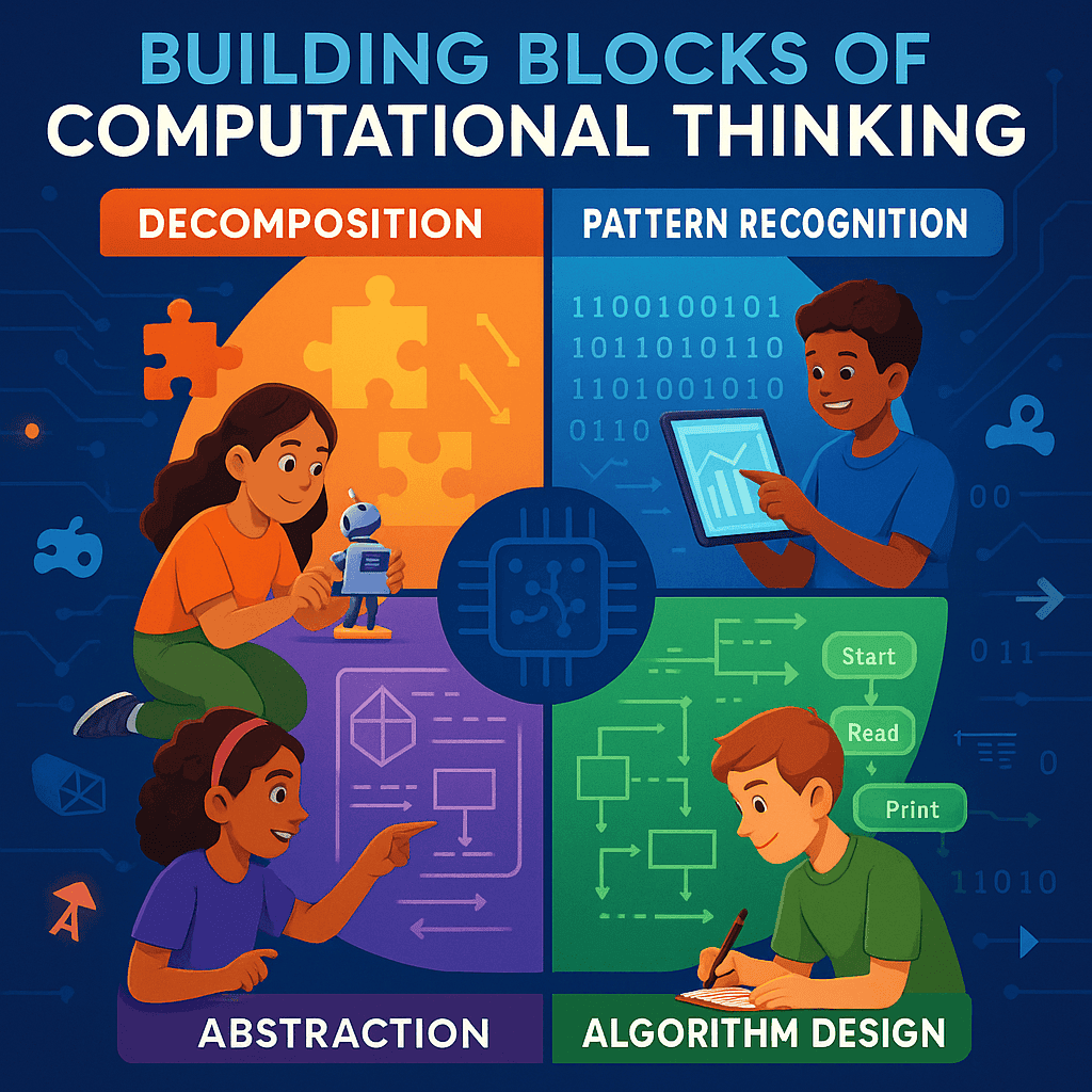 image showing 4 kids working on 4 different concepts in computational thinking