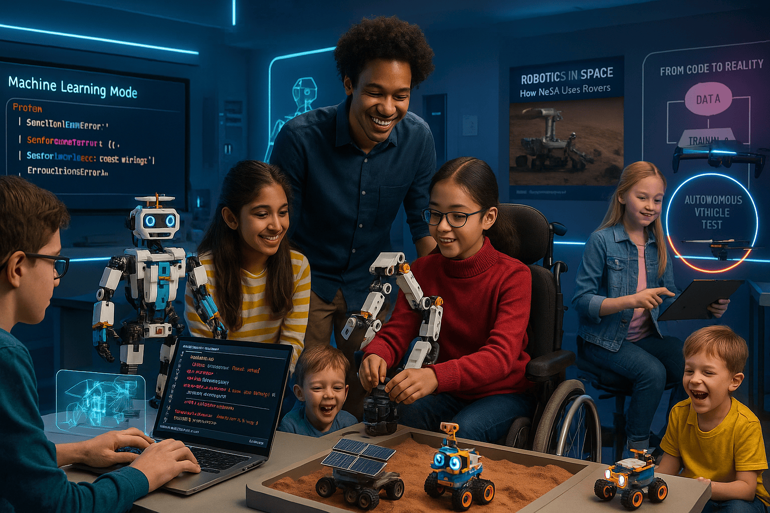 Kids exploring machine learning and space robotics in advanced programming classes