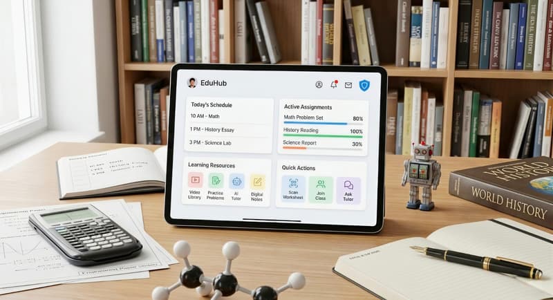 Teacher manages classroom dashboard on iPad, assigns lessons, tracks student progress with teaching tools