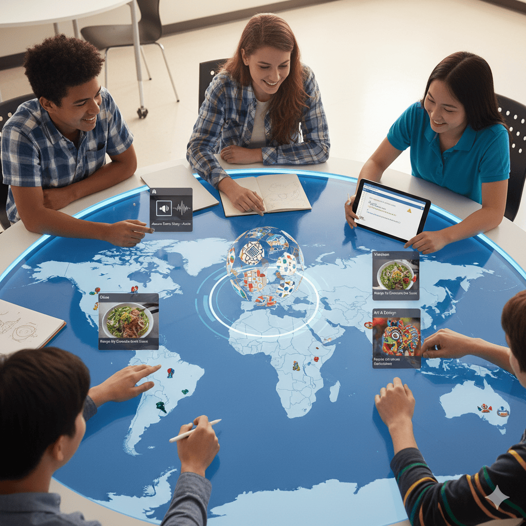 Learners use technology in different settings, exploring and collaborating on a research project