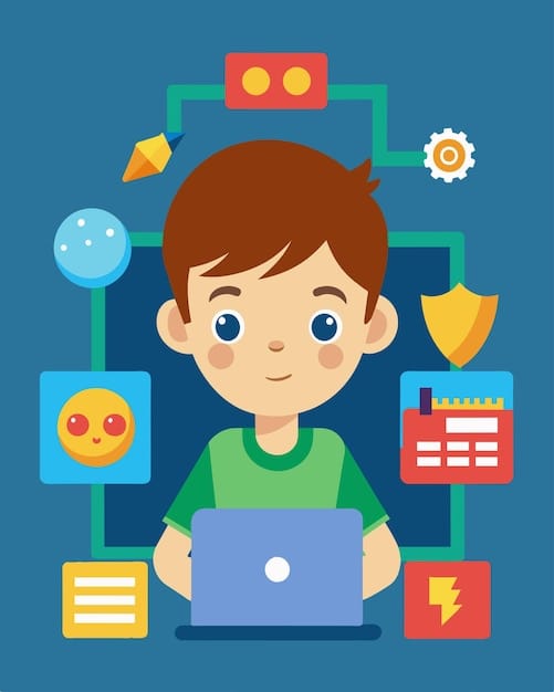 Vector a child using coding tools to add interactive elements such as a chooseyourownadventure style story