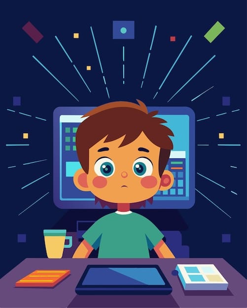 Vector a childs face lit up in amazement as they witness their code come to life on a screen showcasing the