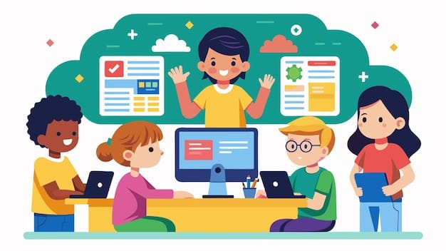 Vector a classroom of gifted students gather around a computer each offering their input as they work