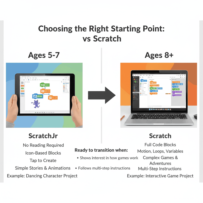 ScratchJr vs. Scratch comparison for ages 5-7 and 8+ learners
