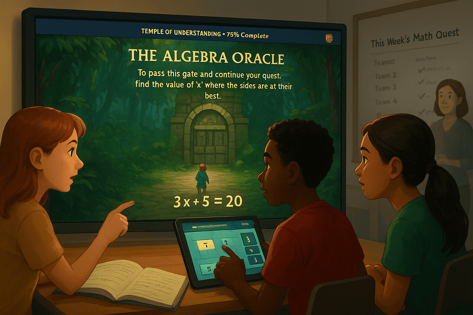 Students solve algebra equation 3x + 5 = 20 for variable x in this fun math practice game for engaging classroom learning
