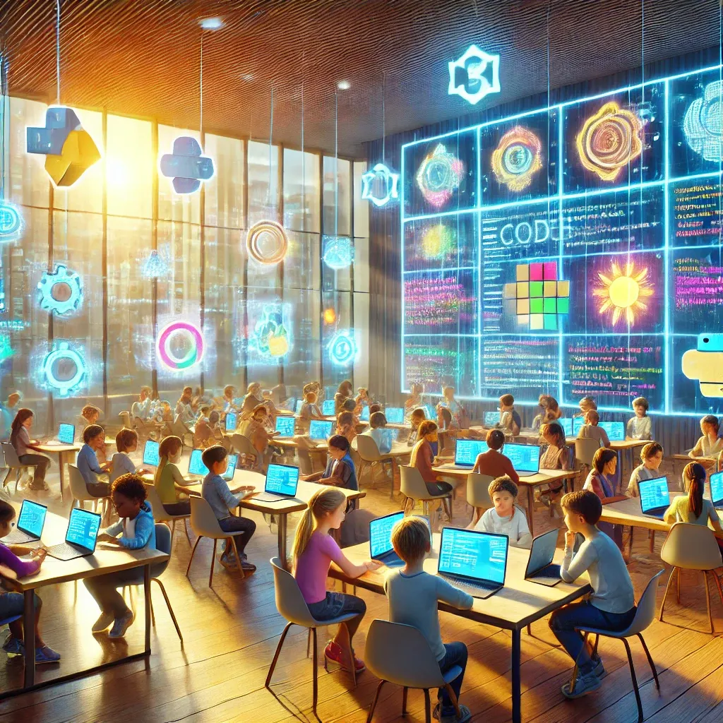 A lively, futuristic classroom buzzing with diverse kids busy coding.