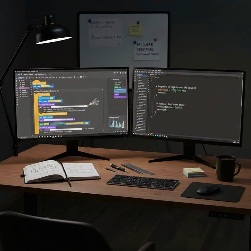 Advanced scratch project on dual screens, Python code, project notes, and data visuals