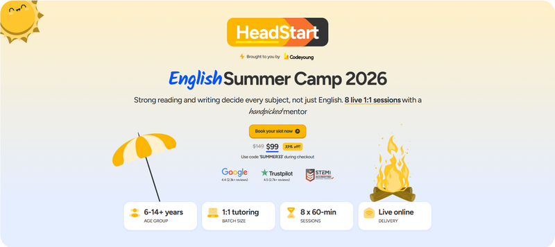 summer English camp for kids: child writing confidently at a desk with books and a laptop, engaged in a summer learning session