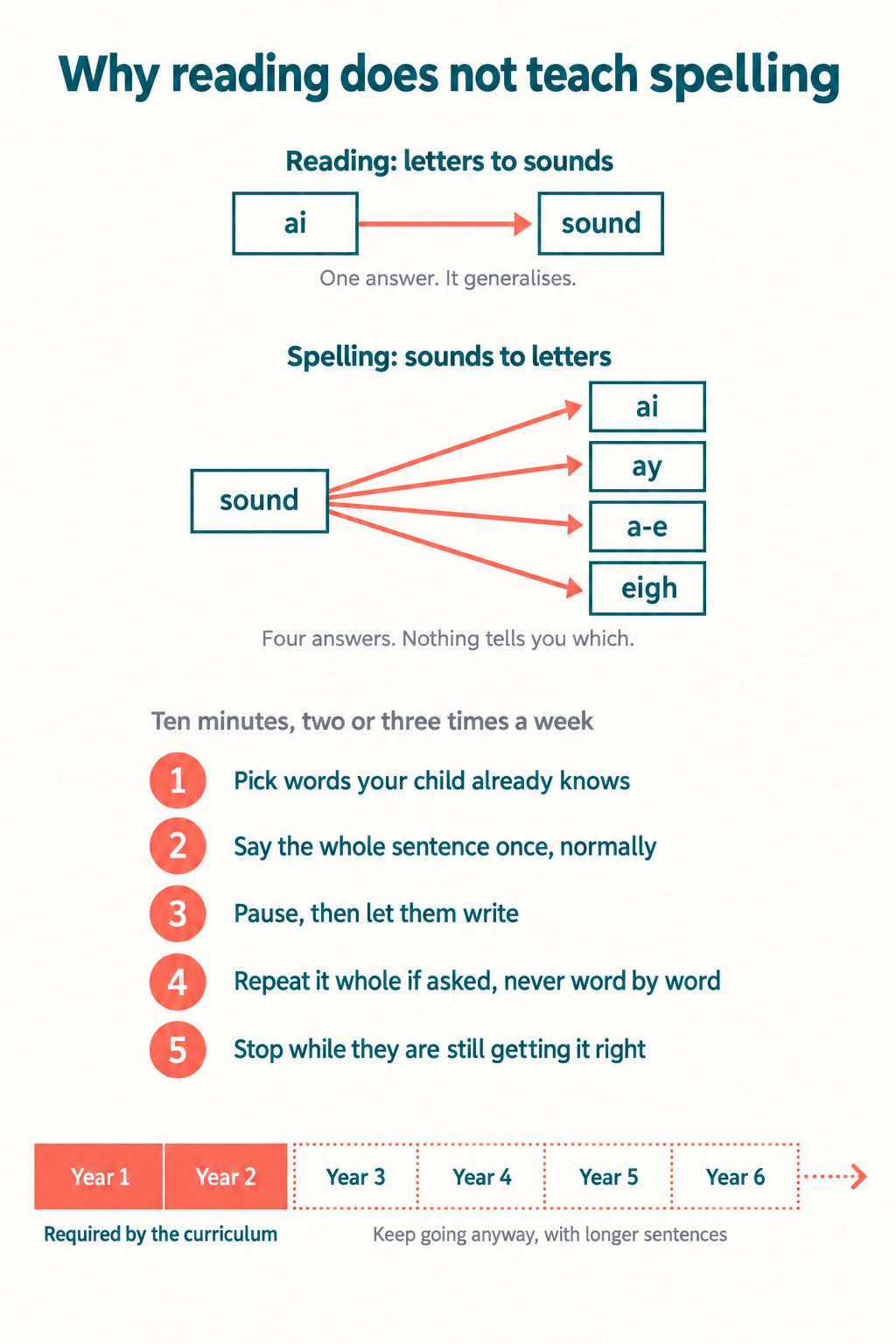 Infographic showing one clean arrow from letters to sounds for reading and a fanning one-to-many arrow set from a single sound to four possible spellings for writing, a five-step ten-minute dictation session panel, and a Year 1 to Year 2 statutory band with a dotted continuation through Year 6