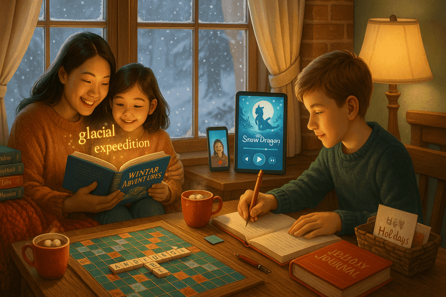 girl reading a book along with her mom, boy writing a book