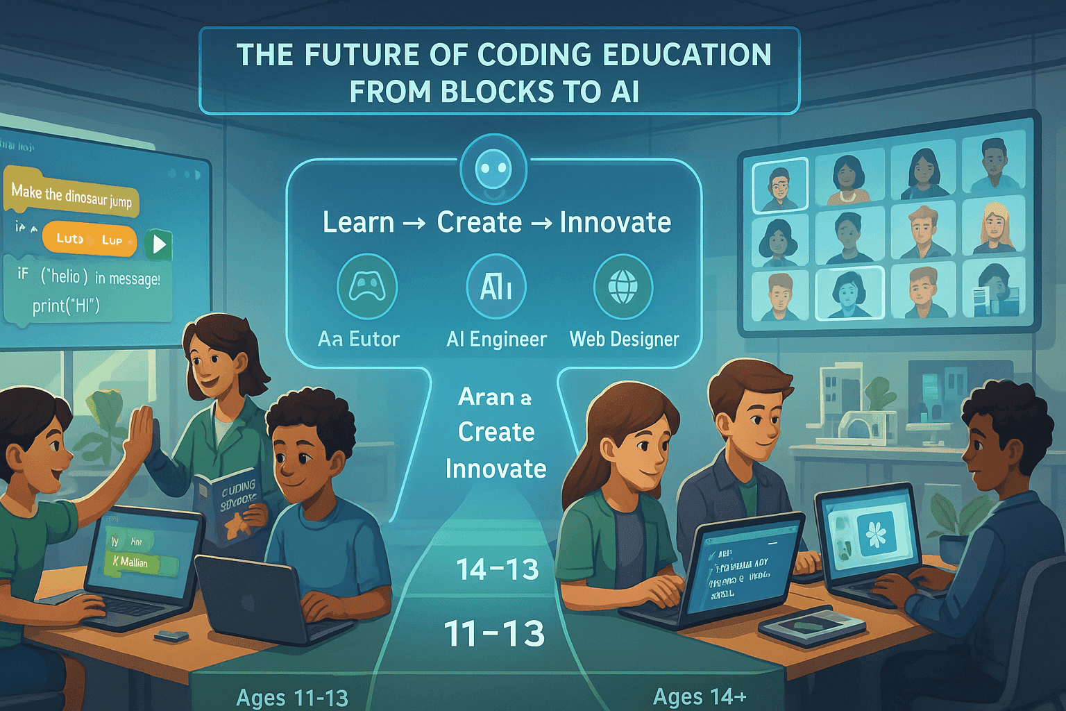Infographic showing coding education from ages 11 to 14+, “Learn → Create → Innovate” framework with students building apps and virtual classrooms