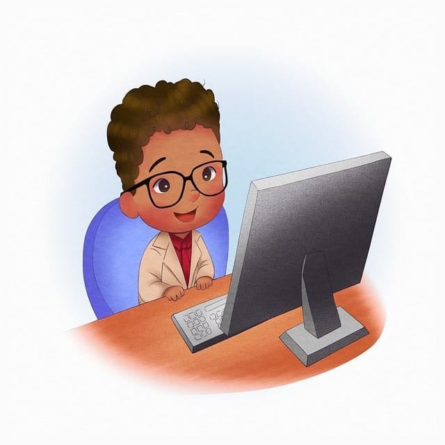 kid facing to computer