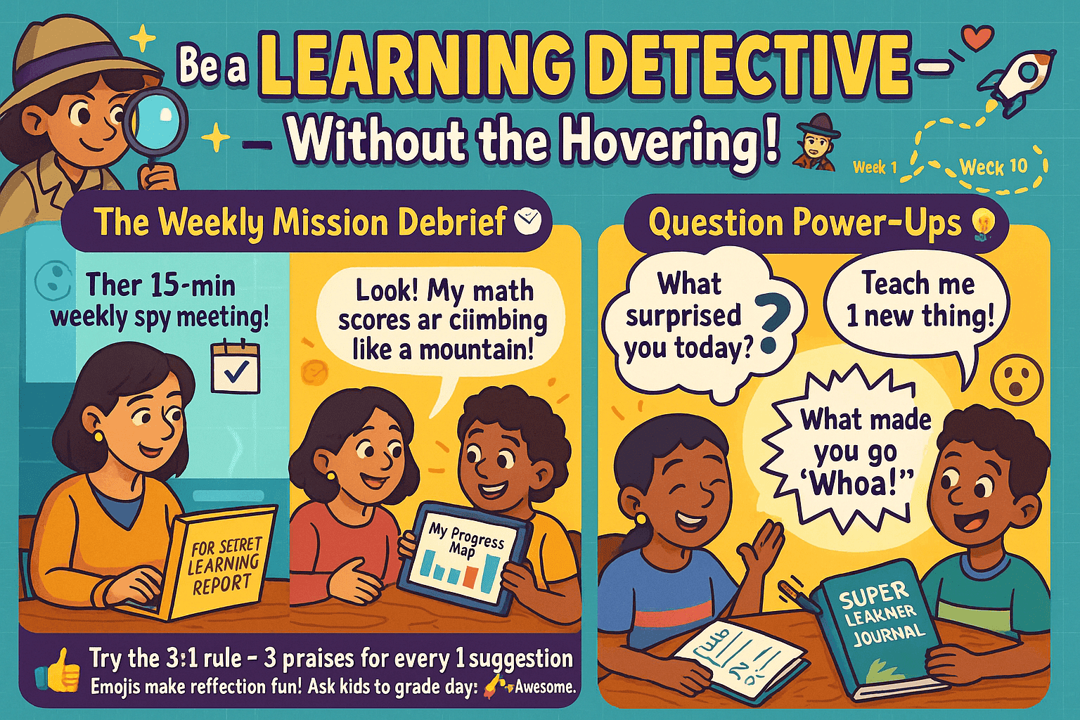 Parent setting weekly reviews and students discussing about the subjects