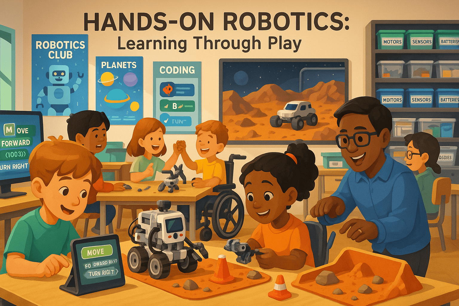 Children programming robots in a STEM classroom to learn computer programming, teamwork, and problem solving skills