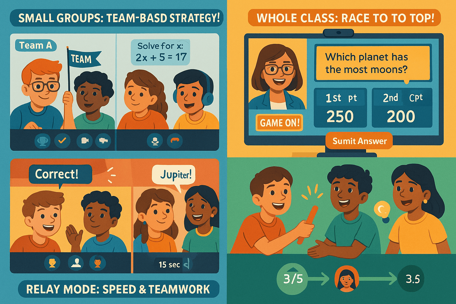 Small groups and whole class race in online review games to solve problems, earn points, and win rewards