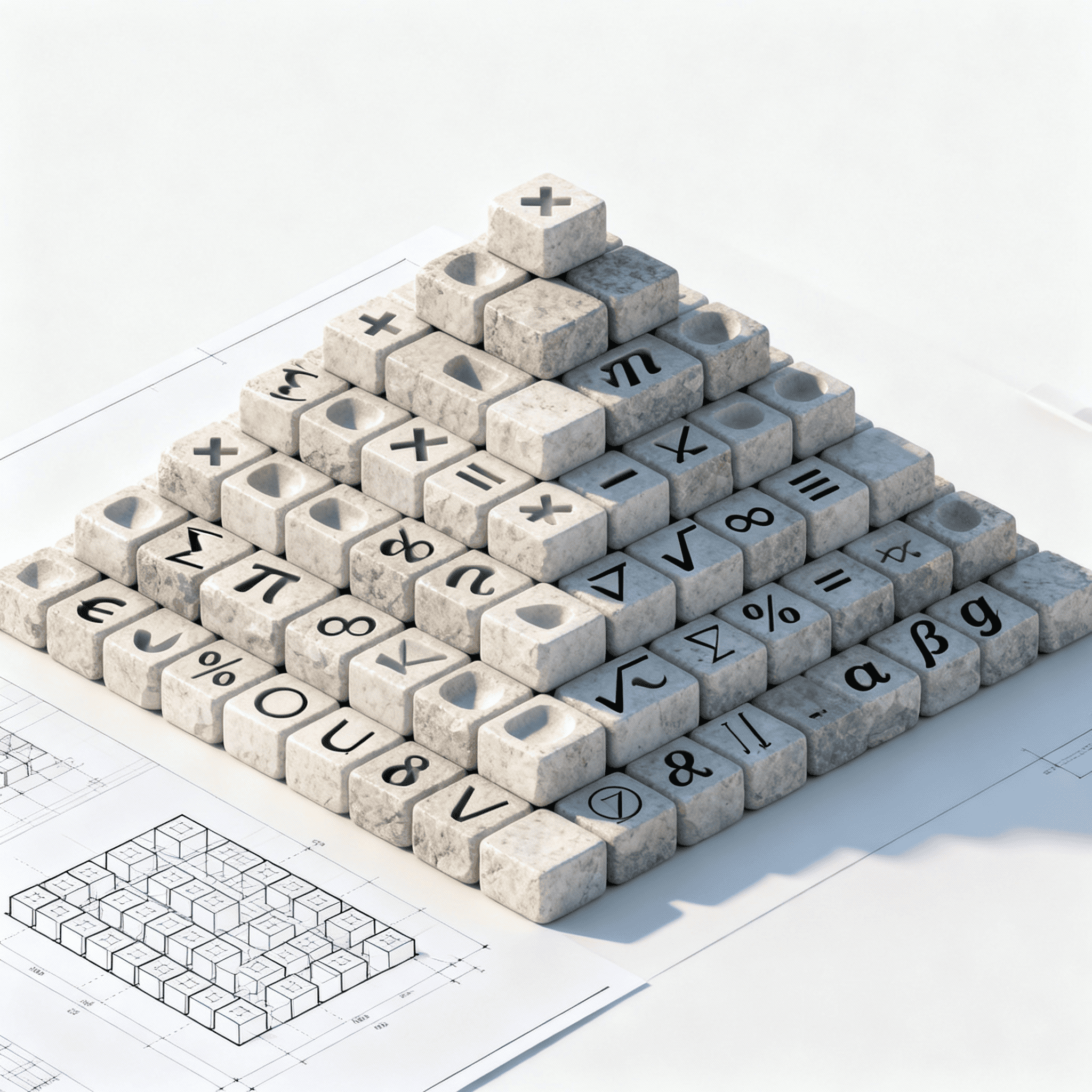 Pyramid of stone blocks, each with a different math symbol. Key mathematical objects and basic operations