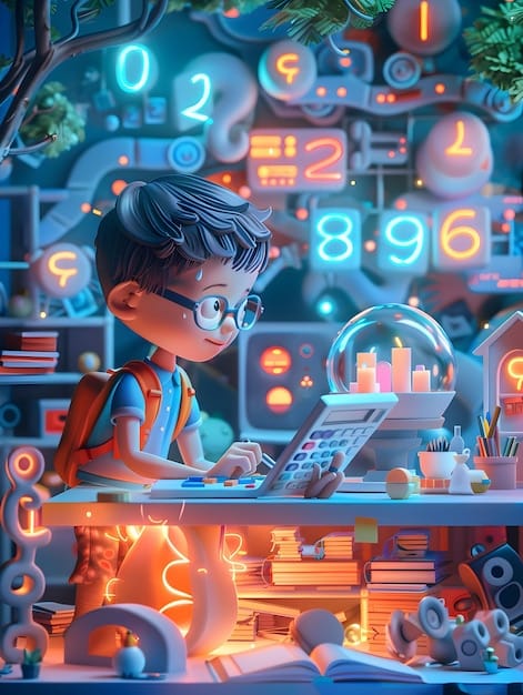 Enchanted Classroom 3D Flat Icon Math Student with Calculator and Notebooks for Fantasy Back to Sch